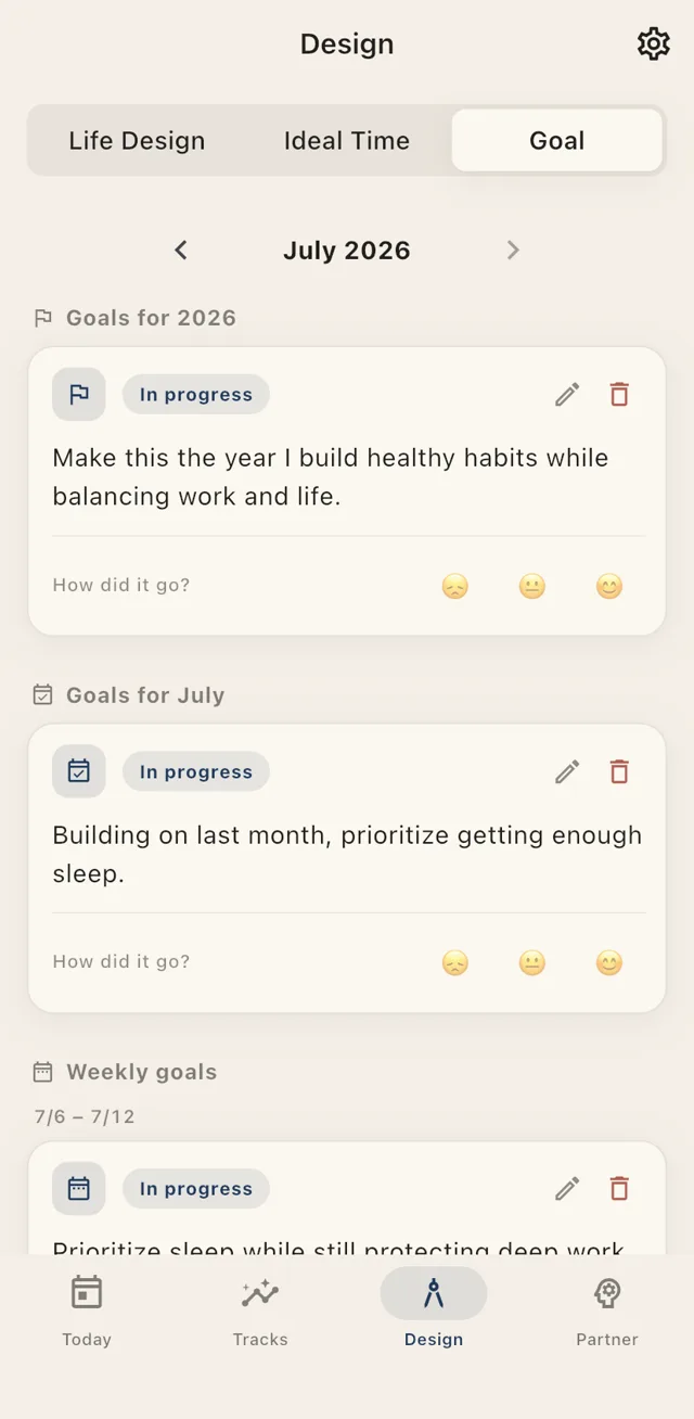 Goal management screen for yearly, monthly, and weekly goals
