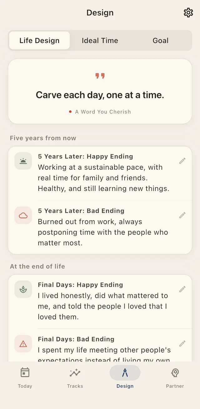 Life design screen with happy-ending and cautionary-ending versions of five years from now and life’s final chapter