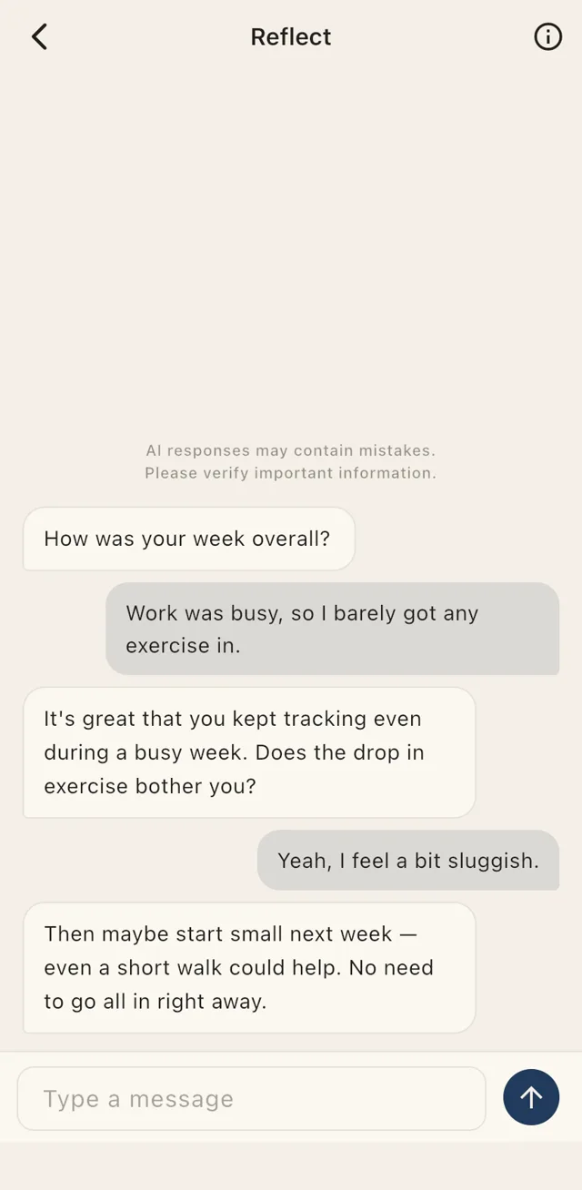 Chat screen with your AI partner (named “Nova” in this example), talking through a sleep goal