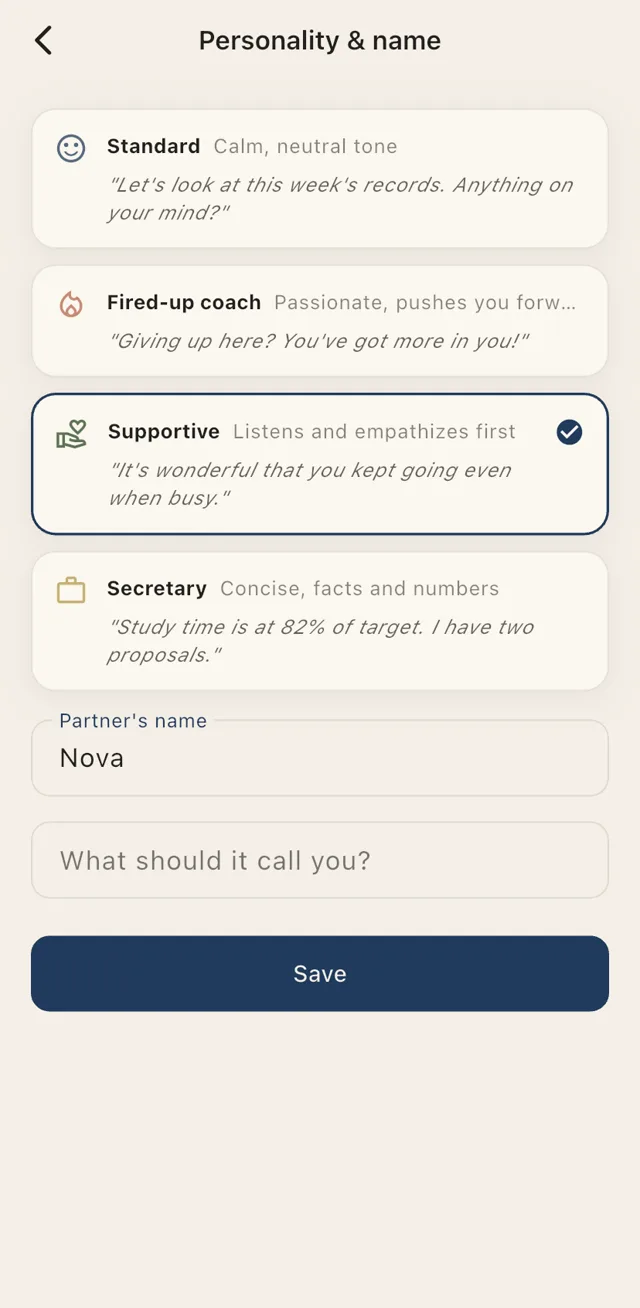 Screen for choosing your AI partner’s personality and name