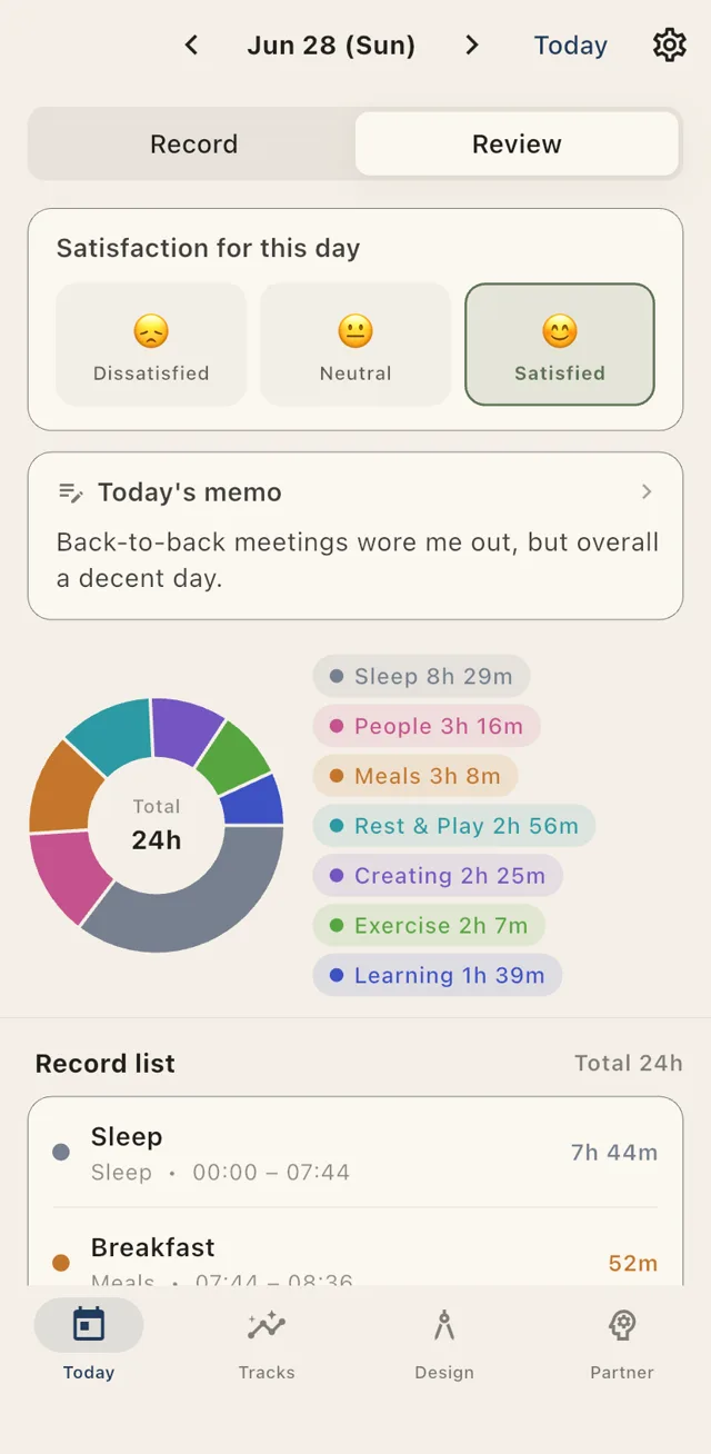 Daily review screen with satisfaction rating, a note, and a category breakdown pie chart