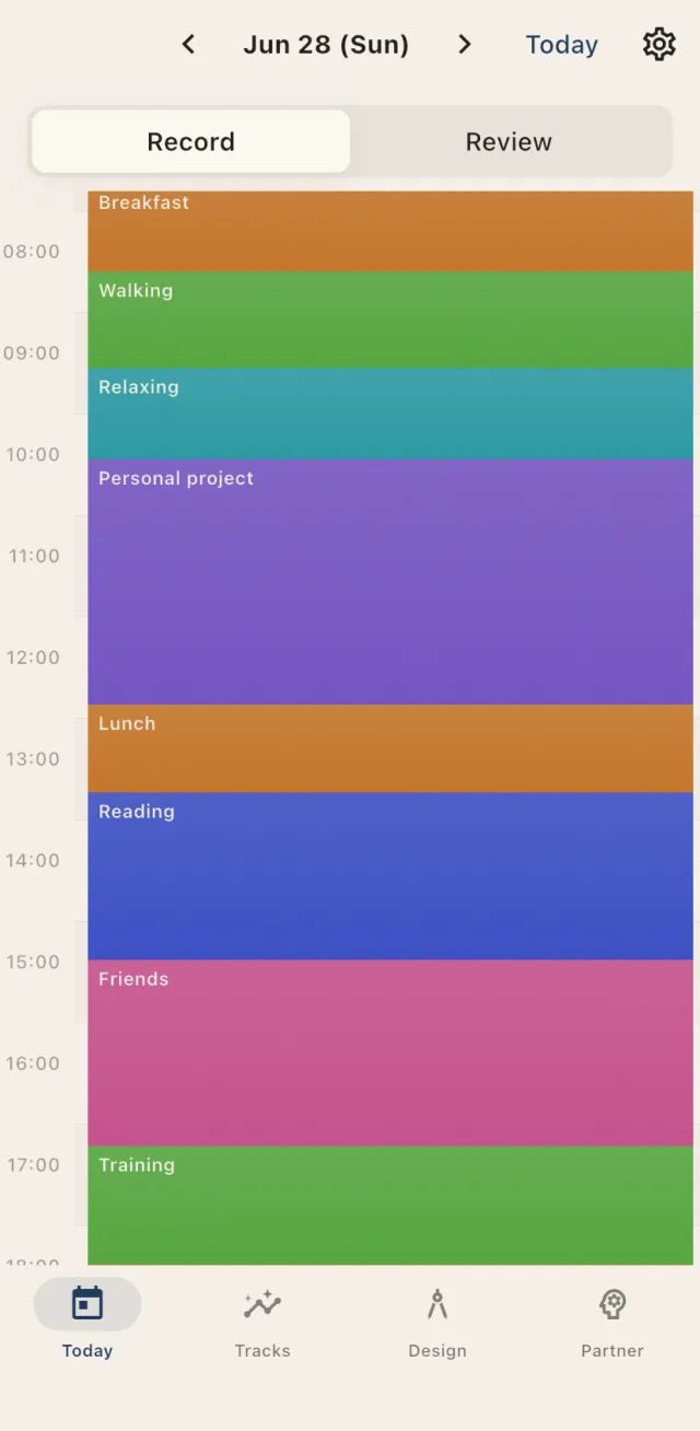 Kizamu’s “Today” screen, showing a day carved into a timeline colored by category